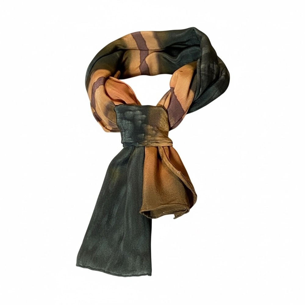 Vintage Laura Quilty Signed Silk Scarf Abstract Landscape Print Earth Tones 60"‎